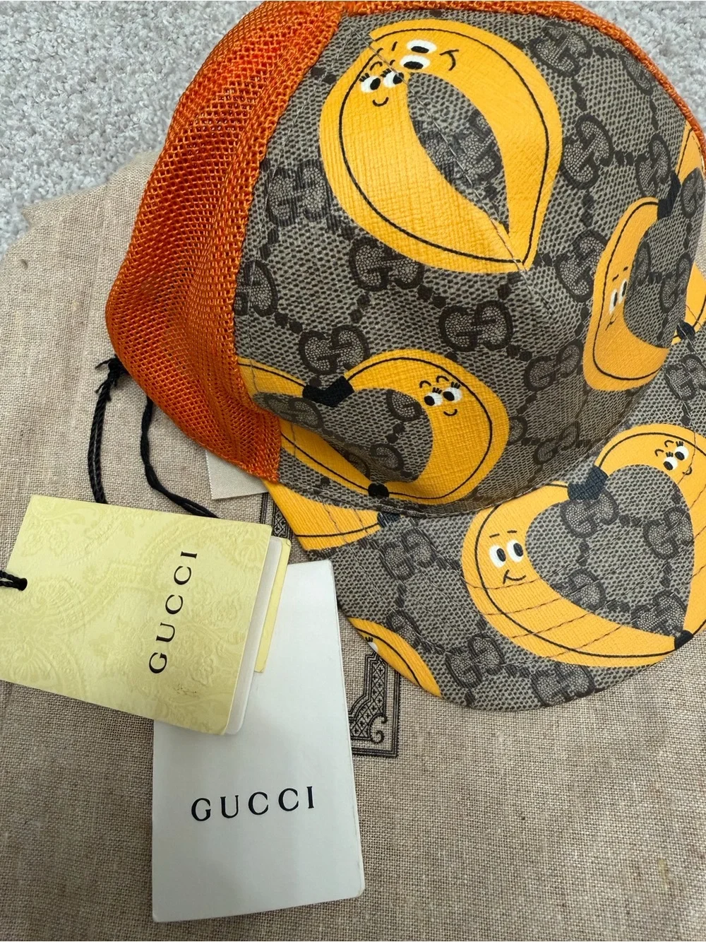 Gucci Kids Brown & Orange Banana-Print Mesh Trucker Hat